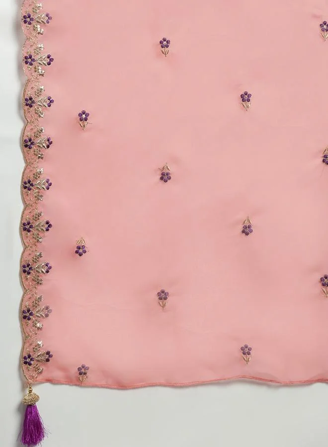 globus Women Purple Floral Embroidered Straight Kurta with Pant and Contrast Dupatta Set